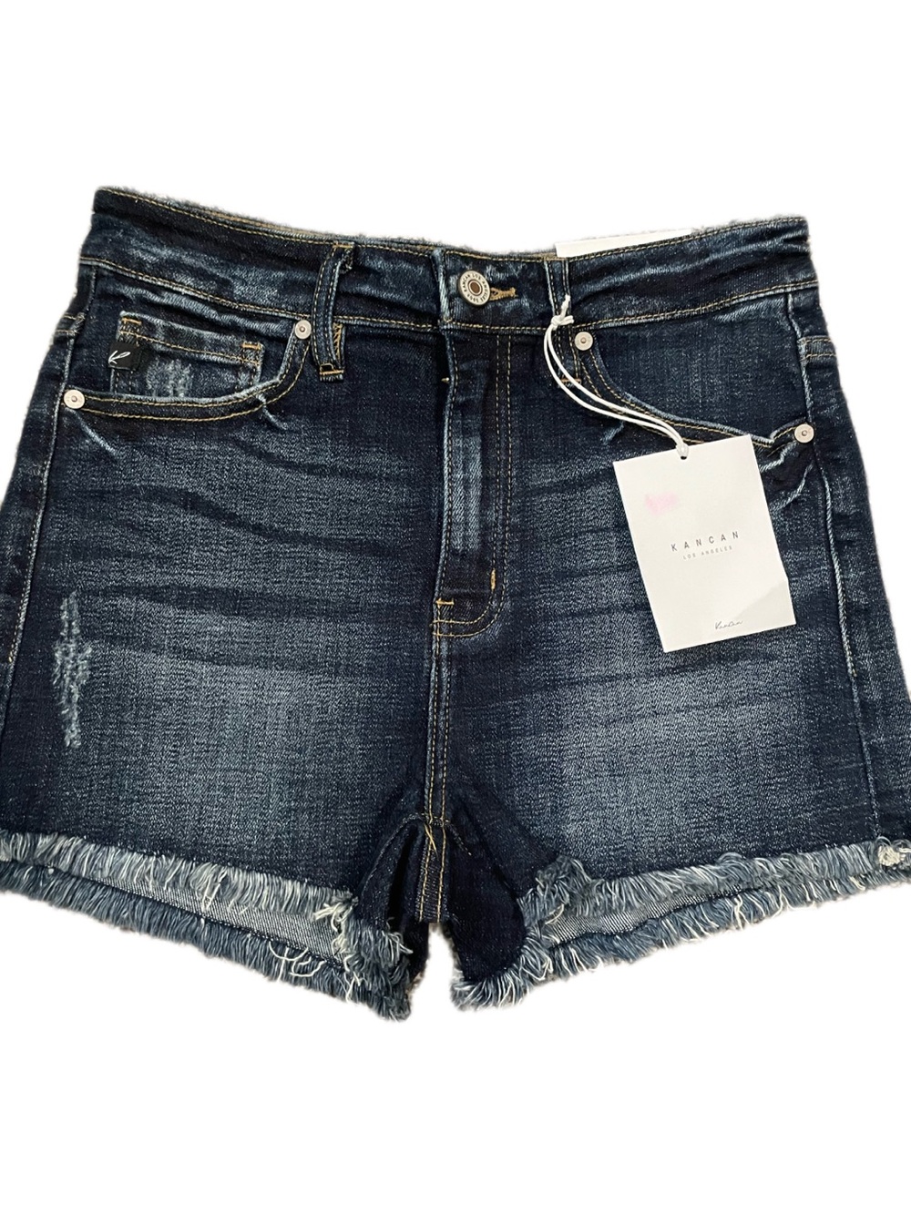 KanCan Dark Indigo Frayed Hem Denim Shorts